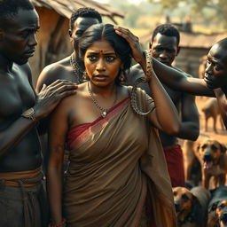 A dramatic scene depicting a busty Indian woman in a saree, expressing fear with a black eye and visible bruises, showcasing her vulnerability