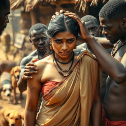 A dramatic scene depicting a busty Indian woman in a saree, expressing fear with a black eye and visible bruises, showcasing her vulnerability