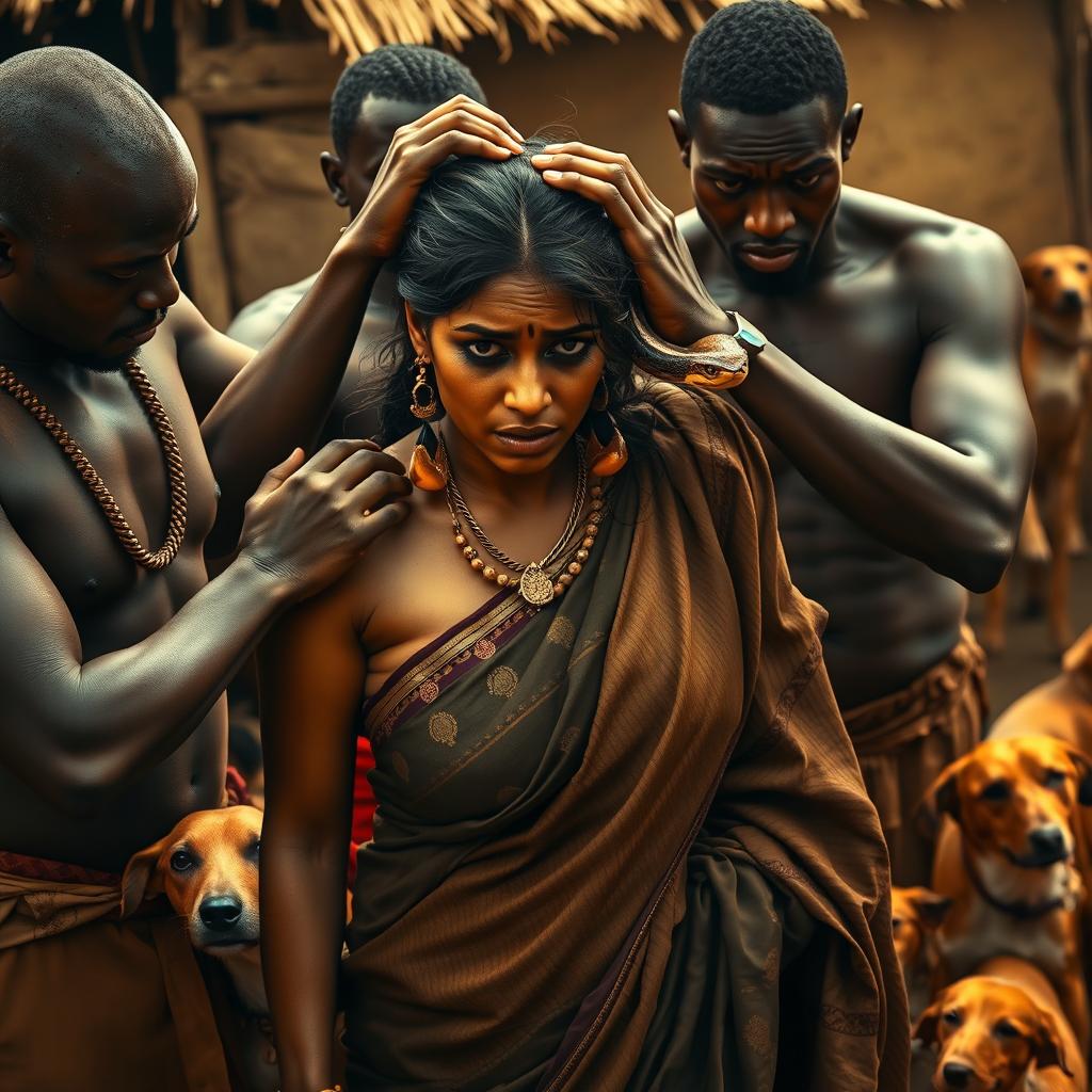 A dramatic scene depicting a busty Indian woman in a saree, expressing fear with a black eye and visible bruises, showcasing her vulnerability