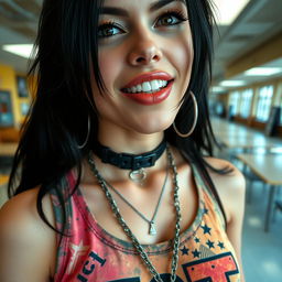 A close-up portrait of a gorgeous female with black hair, wearing a faded colorful tank top featuring a 'FIST' band logo