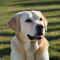 A friendly Labrador retriever named Max, sunlight reflecting off his golden fur.