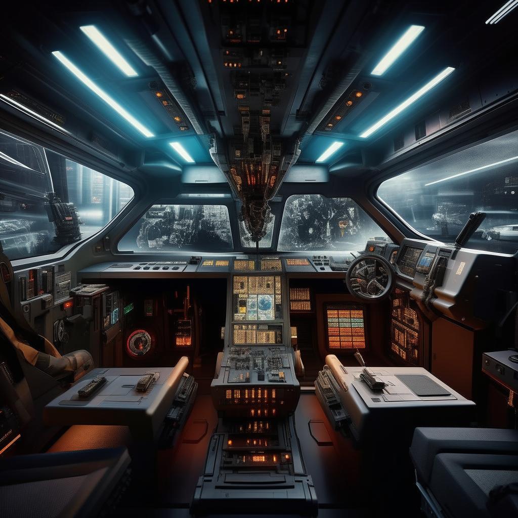 The interior of a commando van that transforms into a futuristic jet fighter, showcasing an advanced control panel, high-tech navigation systems, and automated weapon controls.