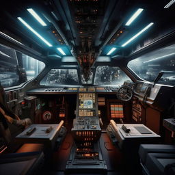 The interior of a commando van that transforms into a futuristic jet fighter, showcasing an advanced control panel, high-tech navigation systems, and automated weapon controls.