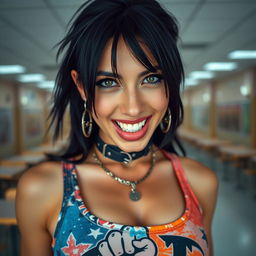 A close-up portrait of a gorgeous female with black hair, wearing a faded colorful tank top featuring a 'FIST' band logo