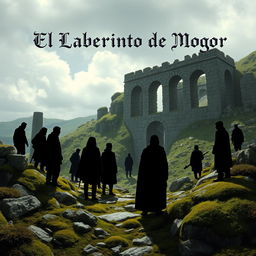 A realistic scene featuring 8 silhouettes of people, surrounded by elements reminiscent of Galicia such as stone, moss, and ancient ruins