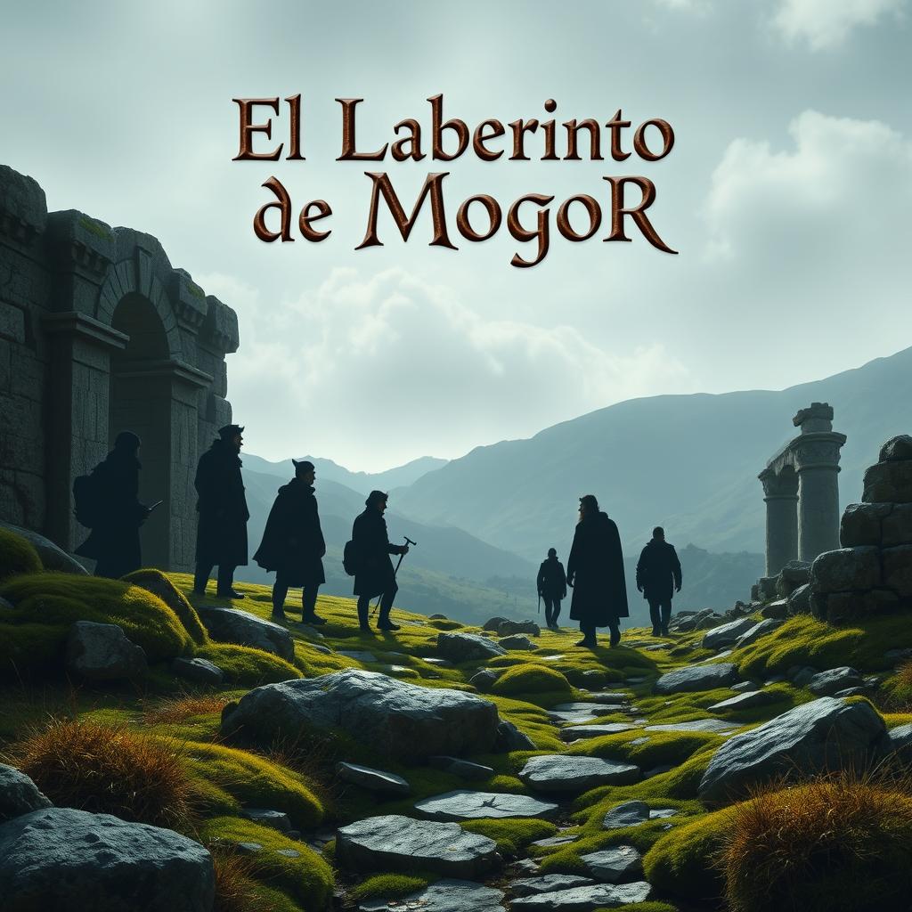 A realistic scene featuring 8 silhouettes of people, surrounded by elements reminiscent of Galicia such as stone, moss, and ancient ruins