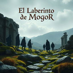 A realistic scene featuring 8 silhouettes of people, surrounded by elements reminiscent of Galicia such as stone, moss, and ancient ruins