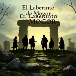 A realistic scene featuring 8 silhouettes of people, surrounded by elements reminiscent of Galicia such as stone, moss, and ancient ruins