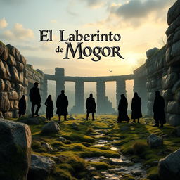 A realistic scene featuring 8 silhouettes of people, surrounded by elements reminiscent of Galicia such as stone, moss, and ancient ruins