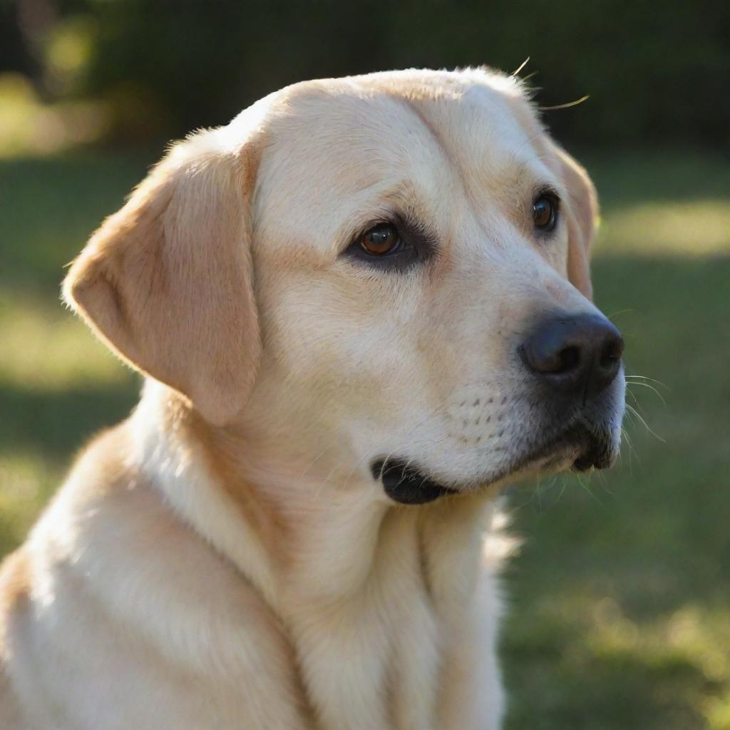 A friendly Labrador retriever named Max, sunlight reflecting off his golden fur.