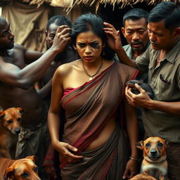 A dramatic scene featuring a busty Indian woman in a saree, displaying fear with a black eye and visible bruises, highlighting her vulnerability in a tense situation