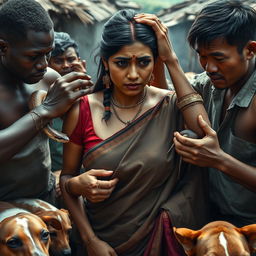 A dramatic scene featuring a busty Indian woman in a saree, displaying fear with a black eye and visible bruises, highlighting her vulnerability in a tense situation