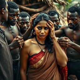 A dramatic scene featuring a busty Indian woman in a saree, displaying fear with a black eye and visible bruises, highlighting her vulnerability in a tense situation