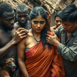 A dramatic scene featuring a busty Indian woman in a saree, displaying fear with a black eye and visible bruises, highlighting her vulnerability in a tense situation