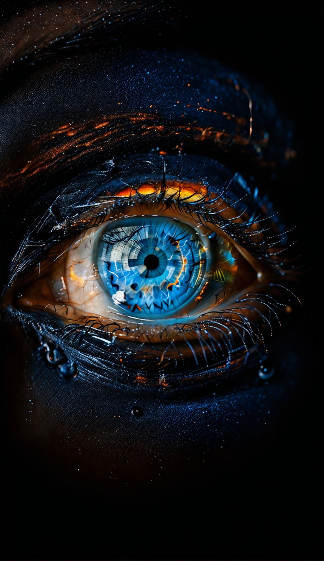 Hyper-realistic close-up of an eye with blue and orange iris against black skin reflecting constellations of a clear night sky.