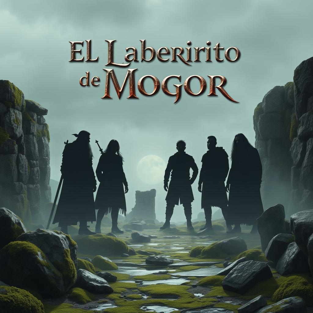 A realistic scene featuring 8 silhouettes of men and women, surrounded by elements reminiscent of Galicia, including stone, moss, and ancient ruins