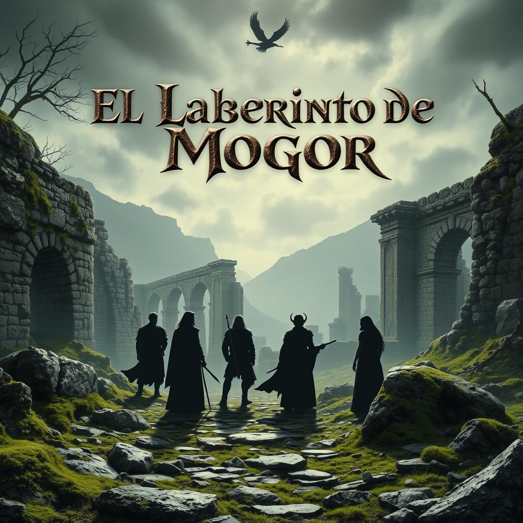 A realistic scene featuring 8 silhouettes of men and women, surrounded by elements reminiscent of Galicia, including stone, moss, and ancient ruins