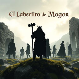 A realistic scene featuring 8 silhouettes of men and women, surrounded by elements reminiscent of Galicia, including stone, moss, and ancient ruins