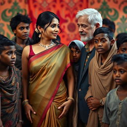 A captivating scene featuring a busty, tall Indian woman dressed in an elegant saree, exuding confidence and poise