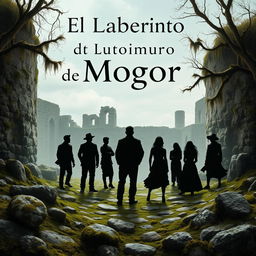 A realistic scene featuring 8 silhouettes of men and women, surrounded by elements reminiscent of Galicia such as stone, moss, and ancient ruins