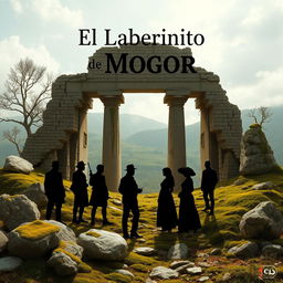 A realistic scene featuring 8 silhouettes of men and women, surrounded by elements reminiscent of Galicia such as stone, moss, and ancient ruins