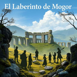 A realistic scene featuring 8 silhouettes of men and women, surrounded by elements reminiscent of Galicia such as stone, moss, and ancient ruins