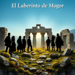 A realistic scene featuring 8 silhouettes of men and women, surrounded by elements reminiscent of Galicia such as stone, moss, and ancient ruins