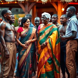 A vibrant setting featuring a busty, tall Indian woman elegantly dressed in a colorful saree, radiating confidence as she stands alongside an older white man, who appears engaged in friendly conversation with her