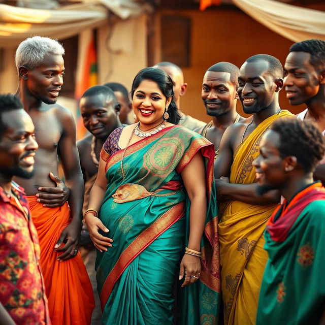 A vibrant setting featuring a busty, tall Indian woman elegantly dressed in a colorful saree, radiating confidence as she stands alongside an older white man, who appears engaged in friendly conversation with her