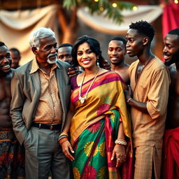 A vibrant setting featuring a busty, tall Indian woman elegantly dressed in a colorful saree, radiating confidence as she stands alongside an older white man, who appears engaged in friendly conversation with her