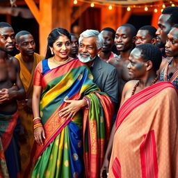 A vibrant setting featuring a busty, tall Indian woman elegantly dressed in a colorful saree, radiating confidence as she stands alongside an older white man, who appears engaged in friendly conversation with her