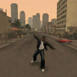 A dynamic screenshot from the video game GTA San Andreas, showcasing the iconic cityscape and characters in action.