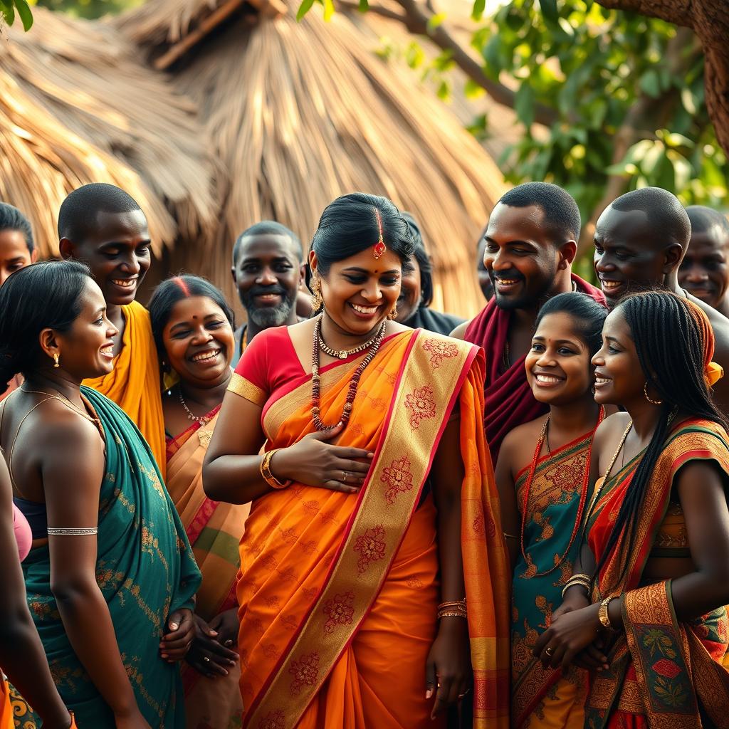 A vibrant and heartwarming scene depicting a busty, tall Indian woman elegantly dressed in a traditional saree, surrounded by her Indian family members who are engaging in joyful interactions