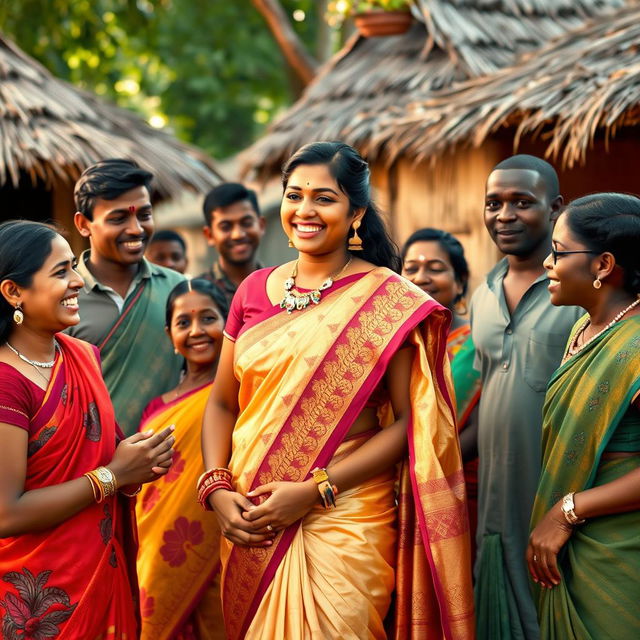 A vibrant and heartwarming scene depicting a busty, tall Indian woman elegantly dressed in a traditional saree, surrounded by her Indian family members who are engaging in joyful interactions