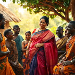 A vibrant and heartwarming scene depicting a busty, tall Indian woman elegantly dressed in a traditional saree, surrounded by her Indian family members who are engaging in joyful interactions