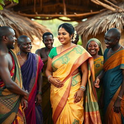 A vibrant and heartwarming scene depicting a busty, tall Indian woman elegantly dressed in a traditional saree, surrounded by her Indian family members who are engaging in joyful interactions