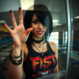 A close-up view from behind a reinforced plexiglass window, focusing on a gorgeous female with black hair