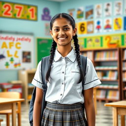 A vibrant school scene featuring a 16-year-old Indian schoolgirl