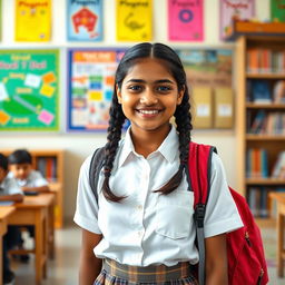 A vibrant school scene featuring a 16-year-old Indian schoolgirl