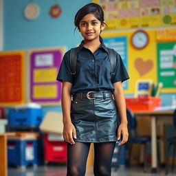 A 16-year-old Indian schoolgirl in a stylish outfit featuring a leather skirt and tight black stockings