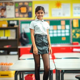 A 16-year-old Indian schoolgirl in a stylish outfit featuring a leather skirt and tight black stockings