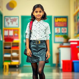 A 16-year-old Indian schoolgirl in a stylish outfit featuring a leather skirt and tight black stockings