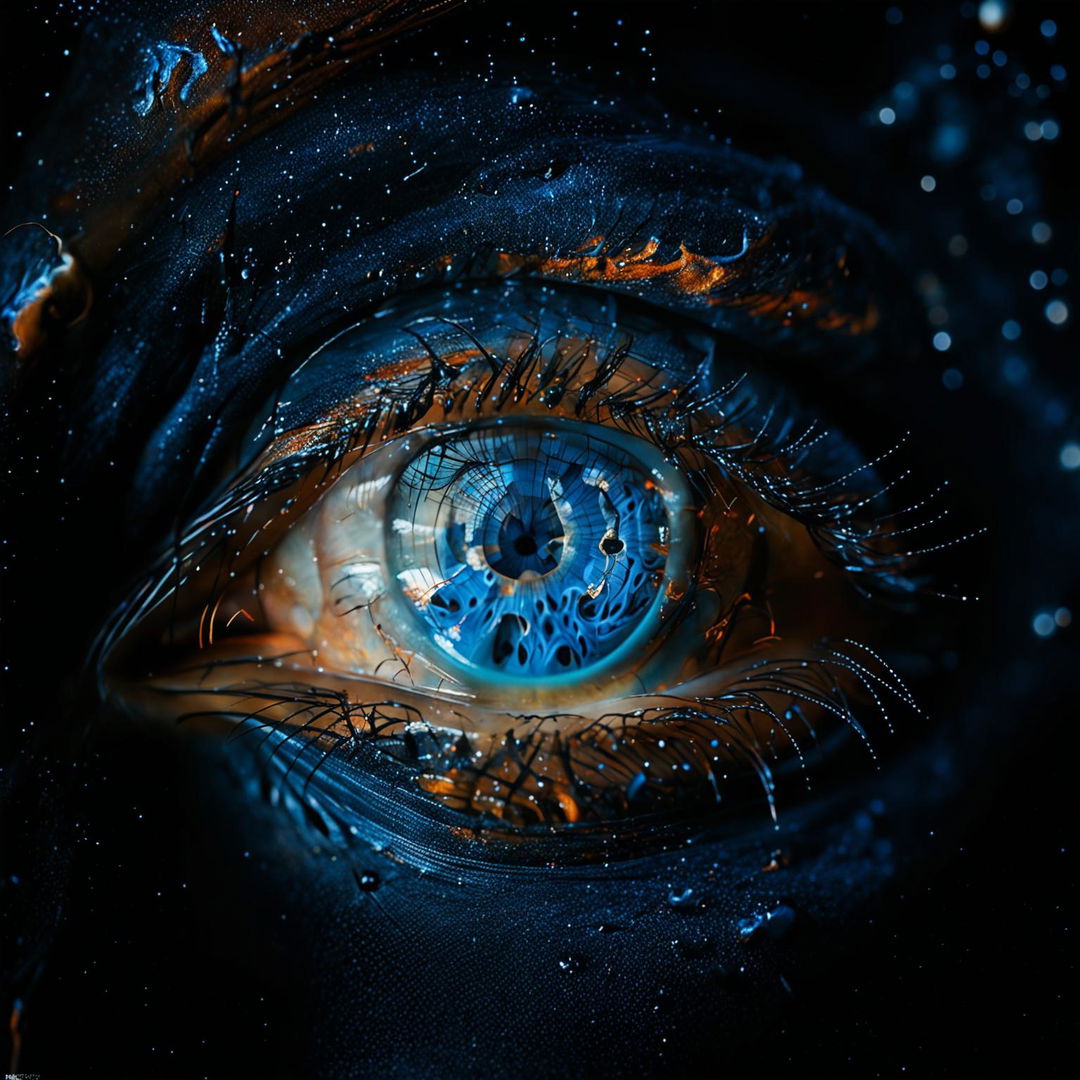 Hyper-realistic close-up of an eye with blue and orange iris against black skin reflecting constellations of a clear night sky.