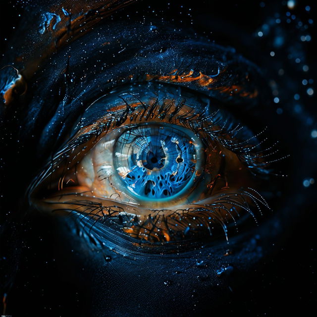 Hyper-realistic close-up of an eye with blue and orange iris against black skin reflecting constellations of a clear night sky.