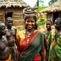 A busty dusky Indian lady, gracefully wearing a vibrant saree, stands confidently in an African village, surrounded by friendly African men who are interacting playfully with her