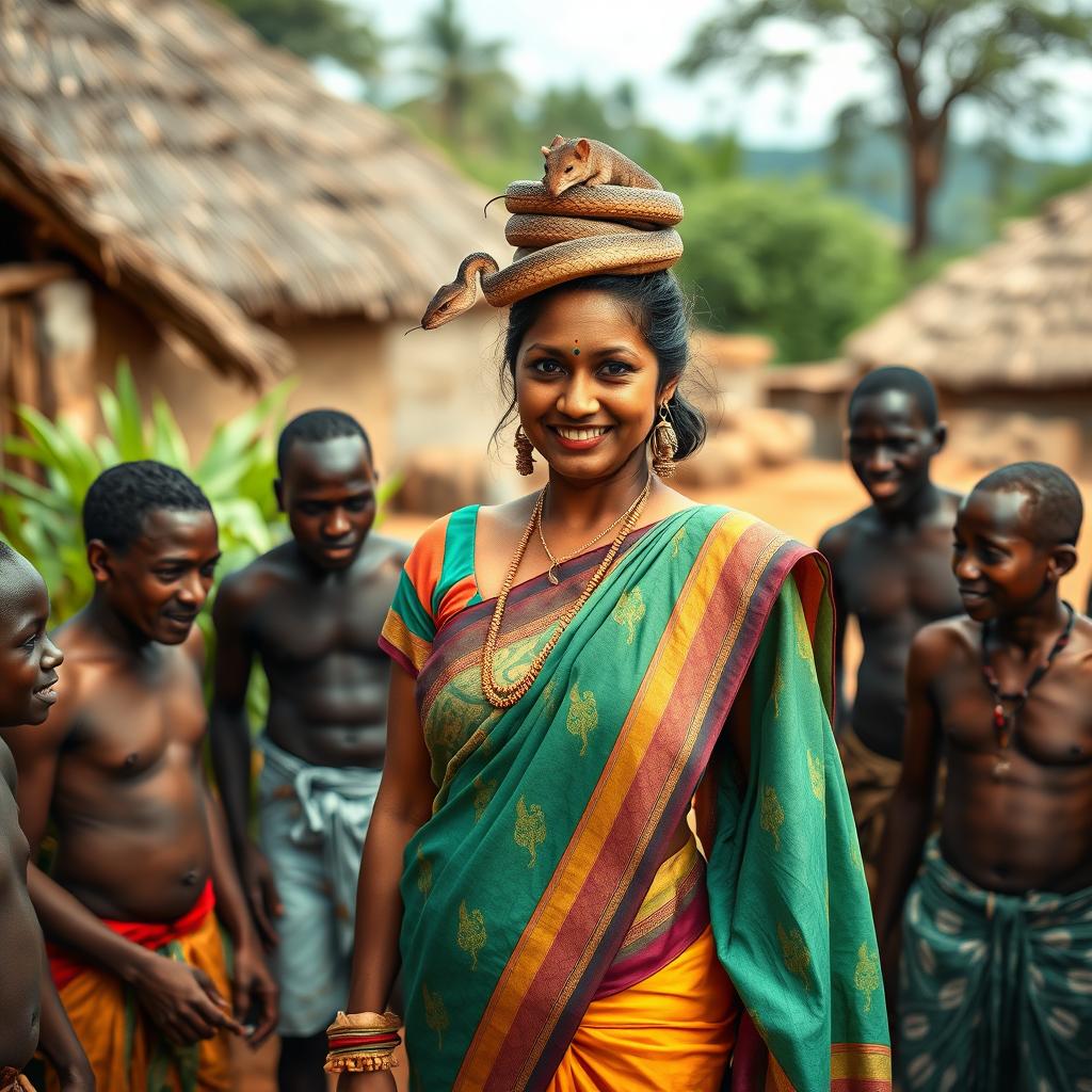 A busty dusky Indian lady, gracefully wearing a vibrant saree, stands confidently in an African village, surrounded by friendly African men who are interacting playfully with her