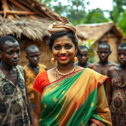 A busty dusky Indian lady, gracefully wearing a vibrant saree, stands confidently in an African village, surrounded by friendly African men who are interacting playfully with her