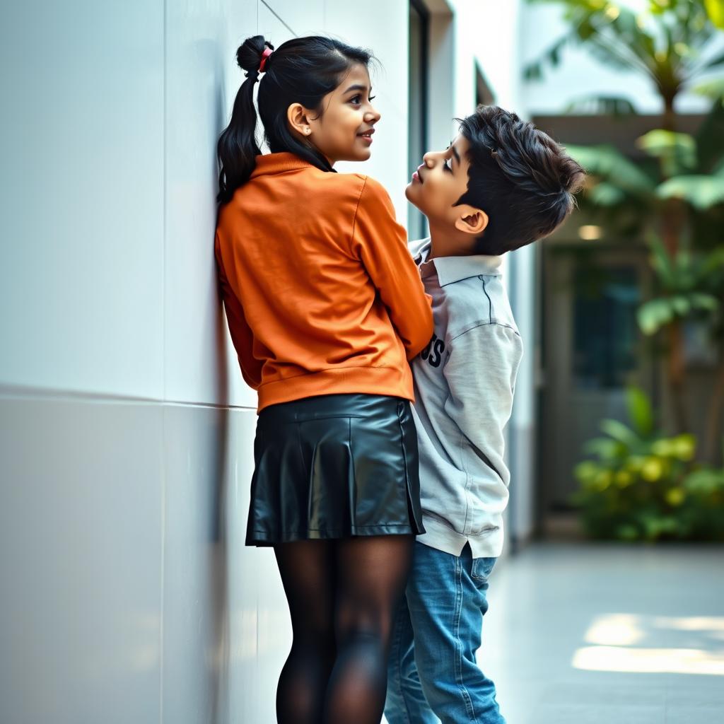 A full-body shot of a 16-year-old Indian schoolgirl wearing a stylish leather skirt and tight black stockings, standing against a wall and facing away from the camera