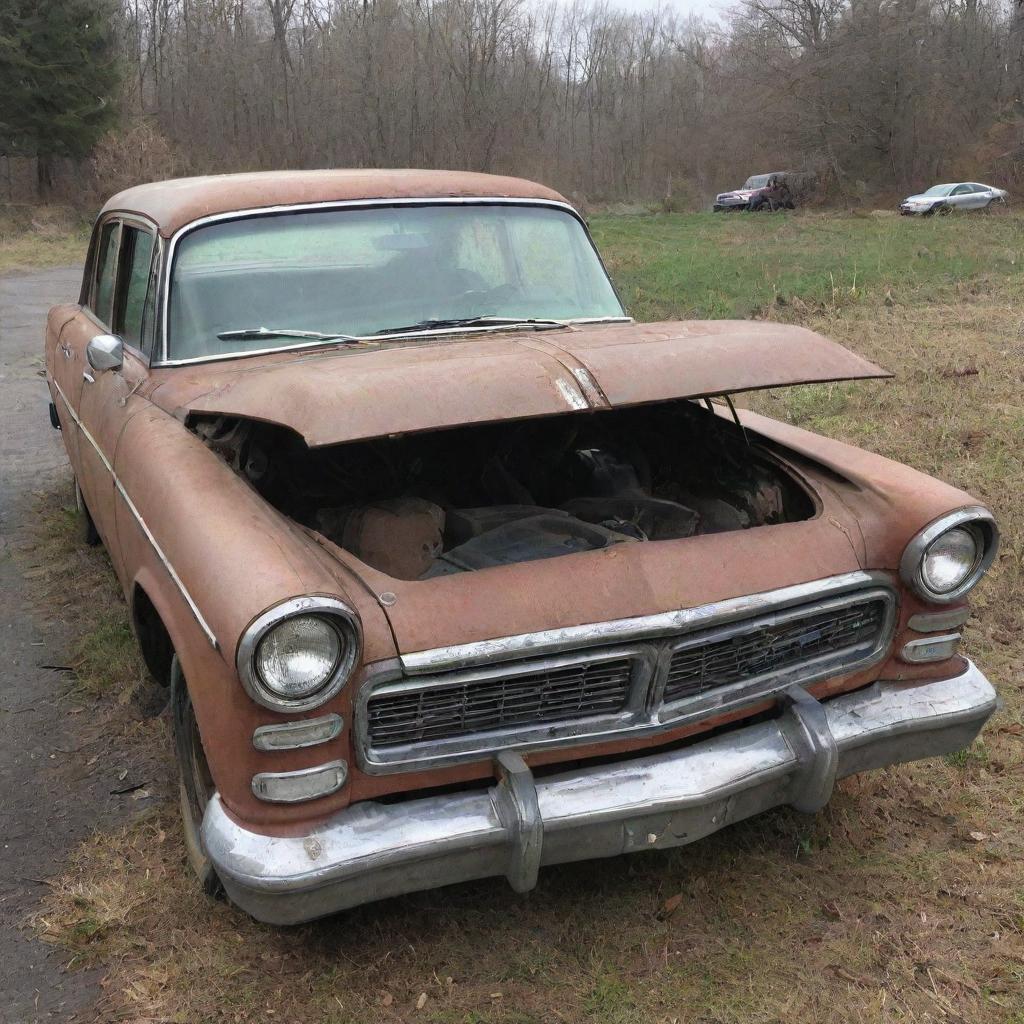 A rundown car that could conceivably be purchased for 100 dollars, showing signs of wear and tear but still operational.