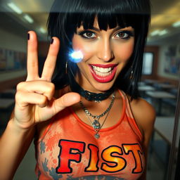 A close-up view from behind a reinforced plexiglass window, featuring a gorgeous female with striking black hair